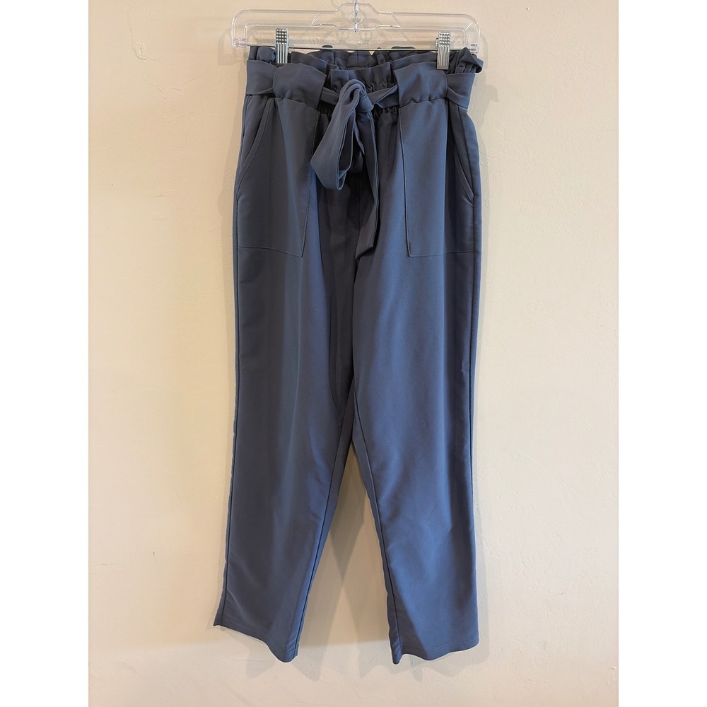 Grace Karin Womens Paperbag Waist Trousers Blue Tapered Tie Waist Pants Size L